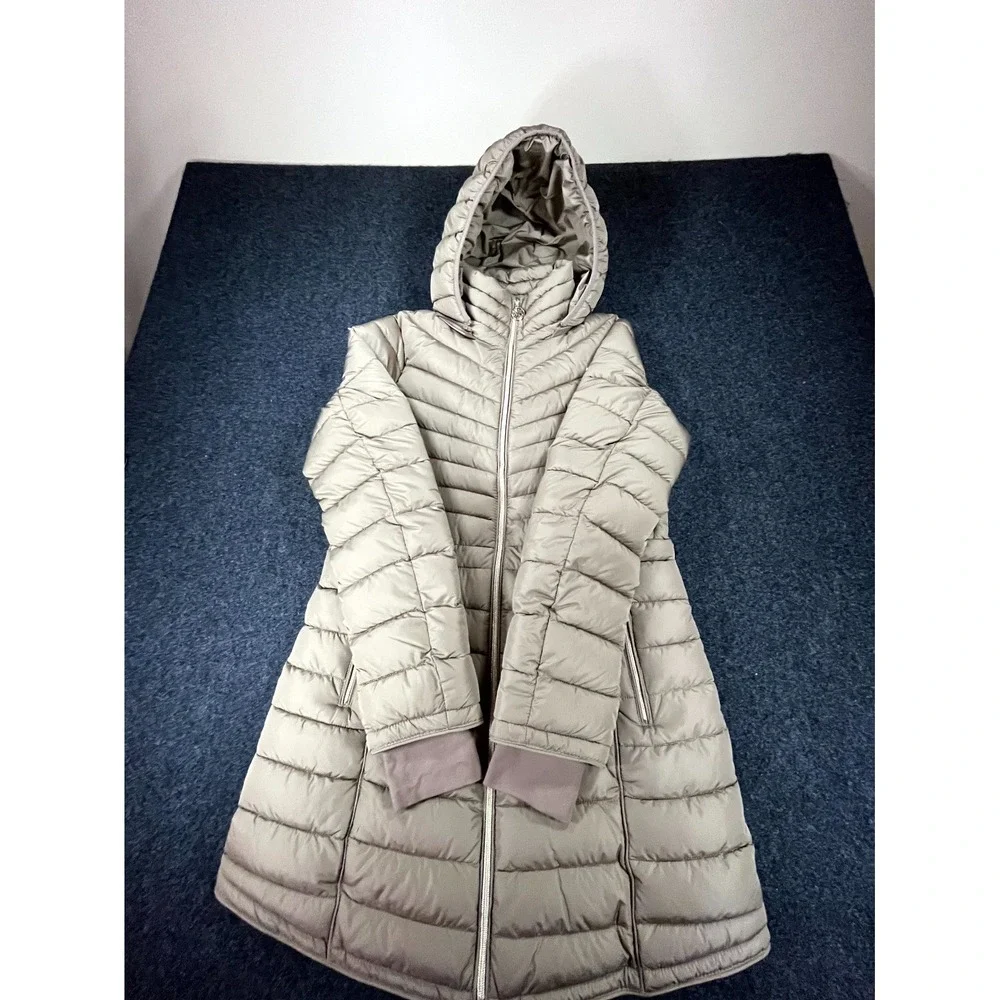 Michael Kors Packable Long Puffer Coat Womens Small Gray Hooded Outdoor Full Zip